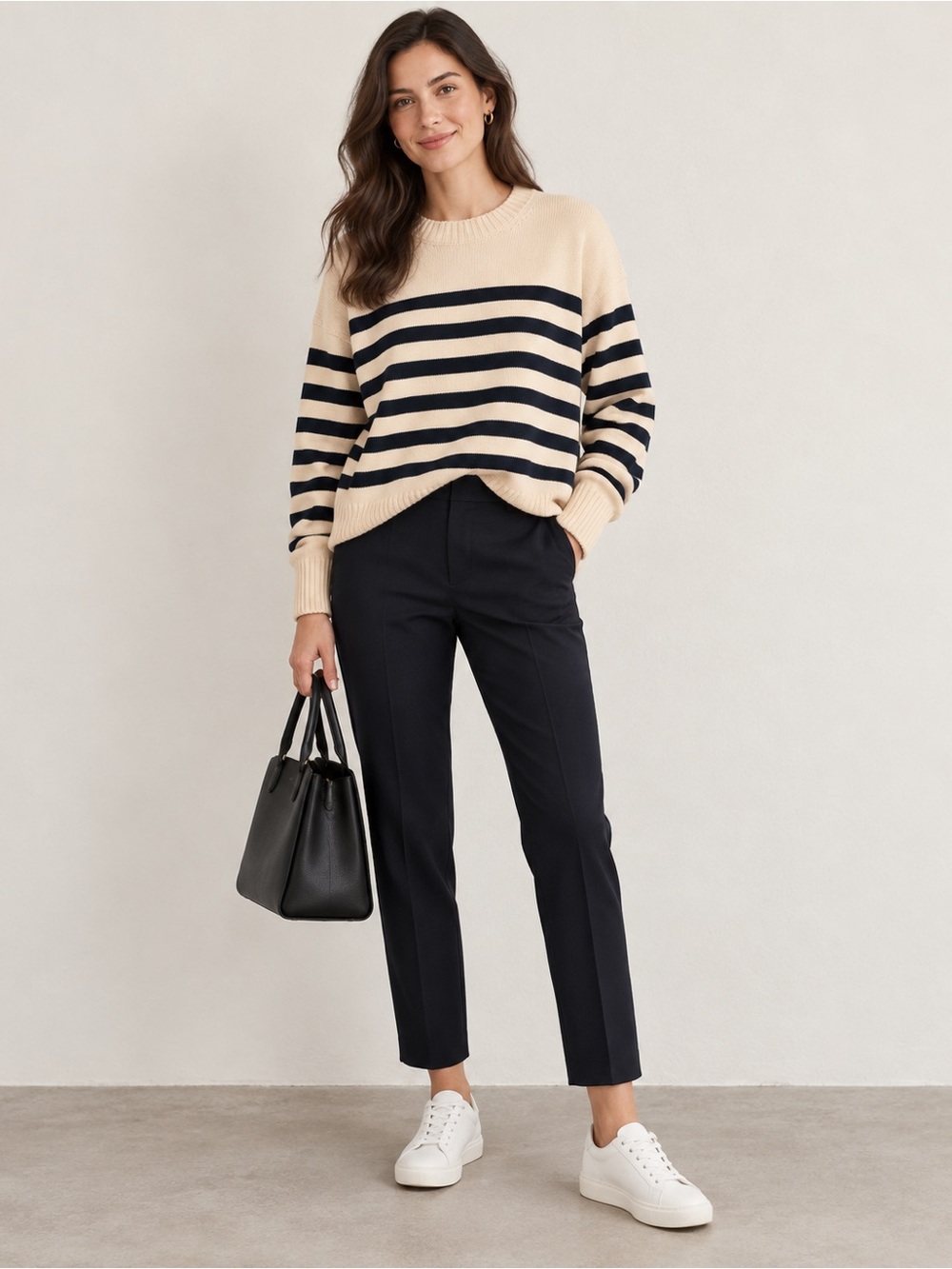 COS Cream & Black Striped Relaxed Knit Sweater Size S